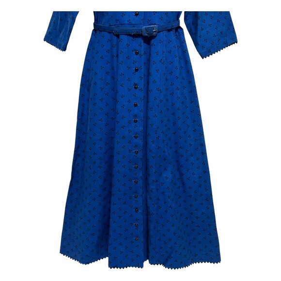 Vintage Lanz Blue Ditsy Floral Button-Down Dress S Scalloped Mary Poppins Style - Picture 9 of 16